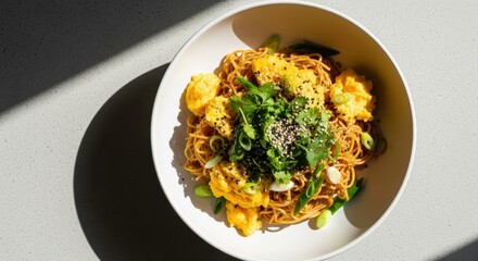 Top-down view of savory stir-fried egg noodles garnished with fresh green onions and sesame seeds, presented in a crisp white bowl under striking natural light and shadows
