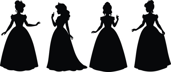 Elegant ball gown silhouette set, royal princess figure, fashion female icons, graceful dress poses, stylish evening wear clipart, crown illustration © VectoBloom