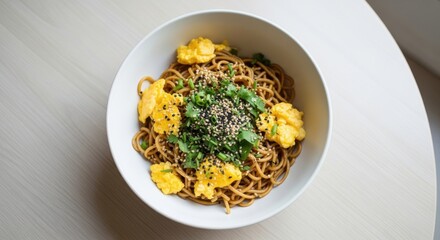 A delicious bowl of savory Asian noodles topped with fluffy scrambled eggs, fresh chopped scallions, and toasted sesame seeds