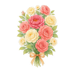 Peach and cream rose bouquet with green leaves and ribbon bow