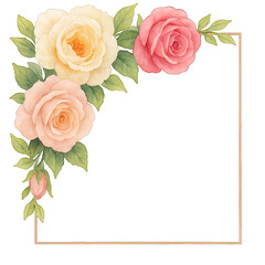 Watercolor floral frame with pink and cream roses and green leaves