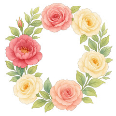 Watercolor floral wreath with pink and cream rose flowers