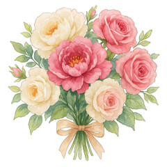 Watercolor bouquet of pink and cream roses with green leaves