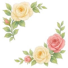 Soft yellow and pink roses with green leaves create delicate