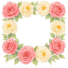 Watercolor floral frame with pink and cream rose flowers and green
