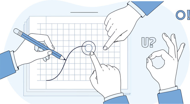 Business team collaborating on financial report data analysis graph with charts and hand gestures