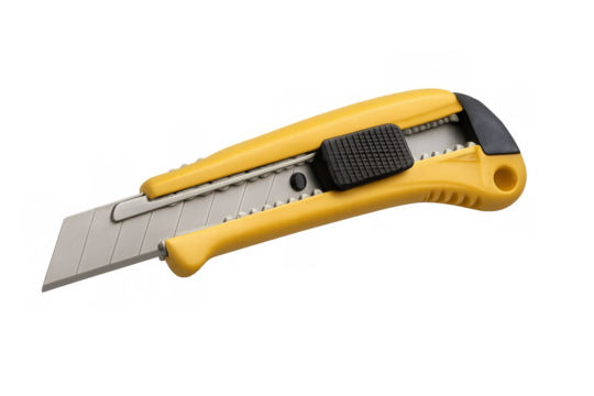 Yellow utility knife with extending sharp segmented blade, essential cutting tool for crafts, work, and packaging, transparent background