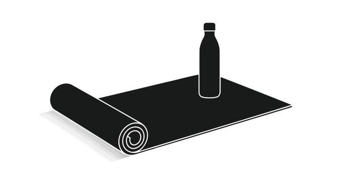Simple black silhouette of a rolled yoga mat with a water bottle standing on it against a white background