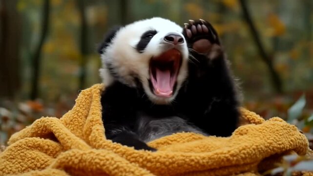 Baby panda yawning cozy blanket nest