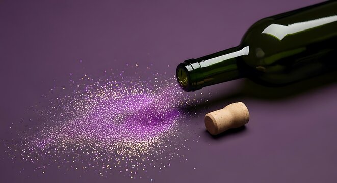 Green Wine Bottle Spilling Purple Glitter and Cork on Purple Surface green bottle empty bottle