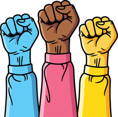 Empowered diversity uniting with raised fists in a powerful gesture for social justice and equality