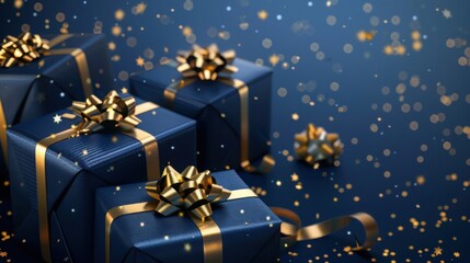 Generative AI illustration of blue gifts with golden bows and ribbons placed on blue background near stars