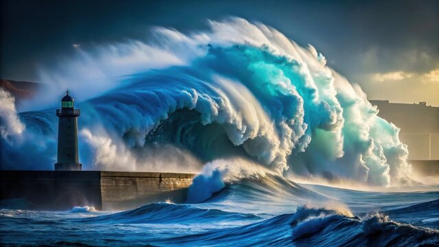 A lone lighthouse bravely withstands the relentless fury of colossal ocean waves during a powerful storm