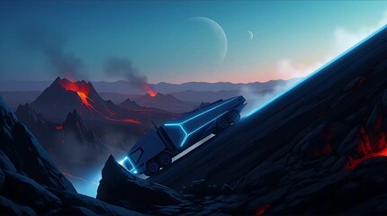 Futuristic sci-fi truck navigates a treacherous volcanic alien landscape under a double-moon sky, exploring uncharted territories