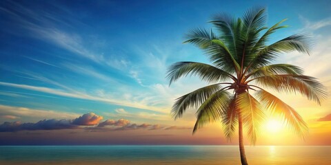 Serene Sunset Seascape with a Single Palm Tree Silhouetted Against a Vibrant Sky