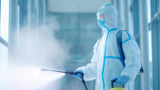 A person in hazmat gear uses a disinfectant sprayer to sanitize a public indoor space, ensuring cleanliness and hygiene. The scene highlights modern health and safety practices