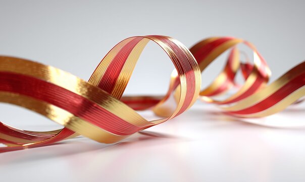 Elegant Red and Gold Abstract Ribbons on Soft Neutral Background with Reflective Surface