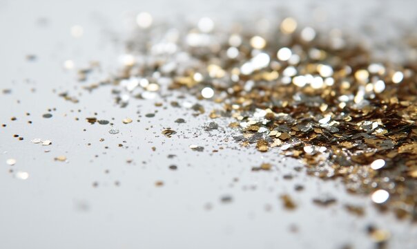 Close-Up of Iridescent Metallic Gold and Silver Flakes on Off-White Surface with Bokeh Highlights