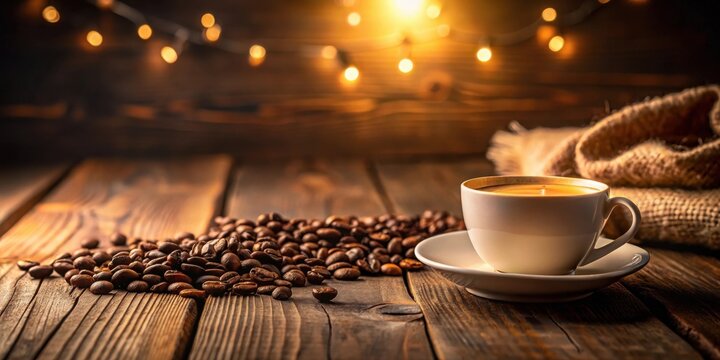 Warm evening ambiance featuring a steaming cup of coffee, accompanied by a generous scattering of roasted coffee beans on a rustic wooden surface, illuminated by soft, warm lighting.