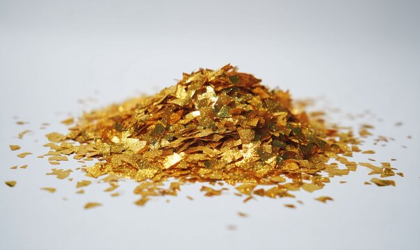 Close-Up of Sparkling Golden Flakes Piled on Light Background Showcasing Irregular Texture
