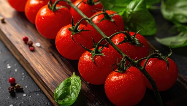 Close-up of ripe cherry tomatoes on vine with basil - Powered by Adobe