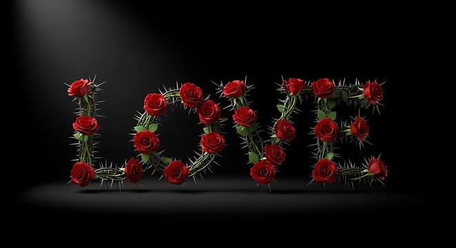 Romantic word love made of red rose flowers and green leaves on black background - Powered by Adobe