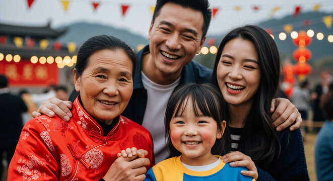 A joyful three-generation family embraces warmly outdoors with big, authentic smiles during a festive celebration, setting a heartwarming mood.