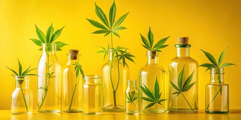 Glass containers with cannabis leaves and oil against a vibrant yellow backdrop. A study in botanical beauty and natural remedies.