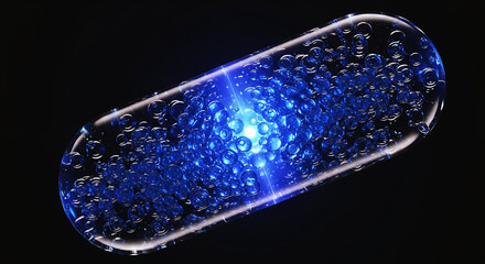 Transparent capsule filled with glowing blue bubbles and light pill medicine