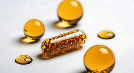 Transparent capsule filled with small amber beads and surrounding liquid droplets pill supplement