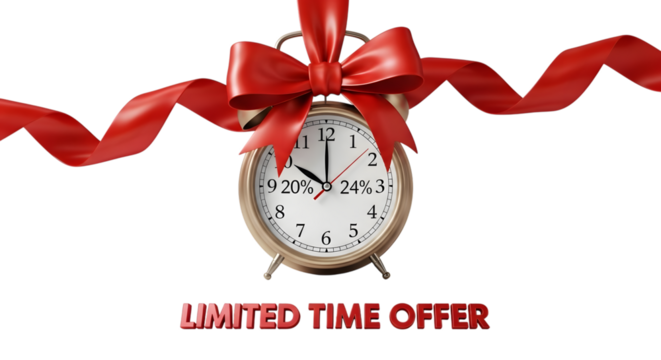 Vintage alarm clock with red ribbon and bow signifying a limited time offer isolated on transparent background