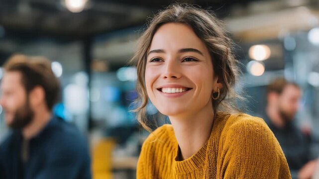 Confident woman in casual attire enjoys a positive moment at work, radiating happiness and approachability. The contemporary workspace highlights creativity and collaboration