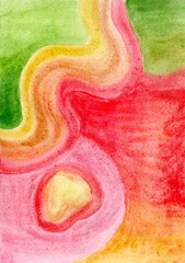An abstract image created in a soft watercolor technique with smooth color transitions. The drawing consists of broad, curved lines and spots that flow into each other.