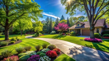 Suburban Home Landscape Featuring a Curving Driveway and Lush Greenery Under a Sunny Sky
