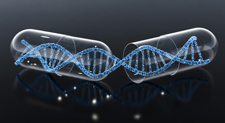 Transparent capsule revealing blue D N A helix on dark reflective surface image