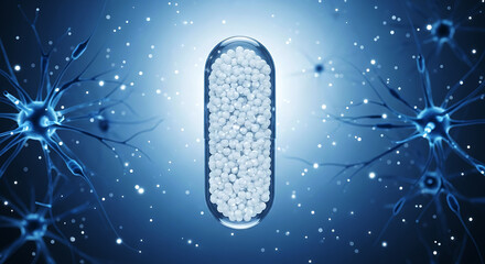 Transparent capsule filled with white spheres surrounded by blue neurons and light particles pill
