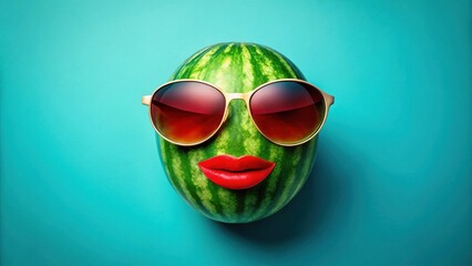 A Stylish Watermelon with Sunglasses and Red Lips on a Vibrant Teal Background