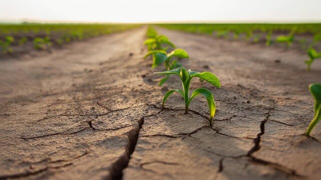 Small green seedlings growing from dry, cracked farmland soil. New life, hope, perseverance, drought, and agricultural challenge concept.