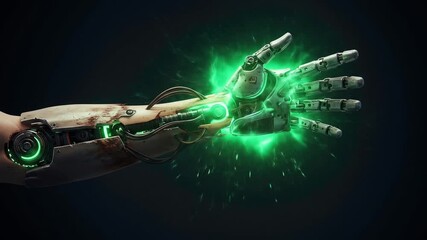 A powerful cybernetic arm glowing with vibrant green energy against a dark background. - Powered by Adobe