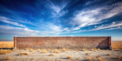 A solitary brick wall stands against a vast, serene landscape under a dramatic, swirling sky.