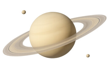 Saturn planet with bright ring system and orbiting moons. Exploring the solar system, space, and astronomy concept