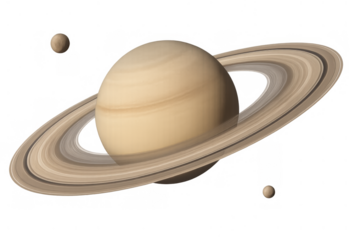 Saturn, gas giant planet, with rings and moons orbiting in solar system space, transparent background