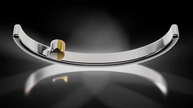 gold and silver cylinder oscillating back and forth on a silver crescent-shaped ramp 3D motion graphics loop animation