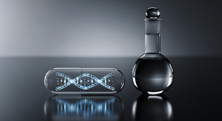Transparent capsule with glowing blue D N A helix next to glass flask pill medicine