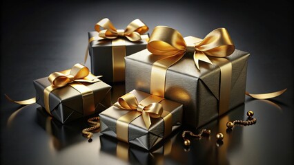Luxurious dark gray gift boxes adorned with elegant gold ribbons and scattered gold accents, reflecting light on a sleek dark surface