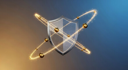 Transparent shield with orbiting golden spheres and light trails protection security