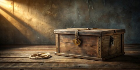 An antique wooden chest rests on a rustic wooden surface, bathed in warm sunlight, a golden pendant necklace delicately draped atop, hinting at untold stories and hidden treasures within.