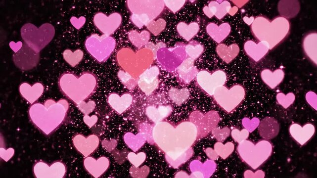 Floating pink hearts with sparkling glitter animation. Romantic glowing heart shapes on a black background. Valentine's Day and wedding concept