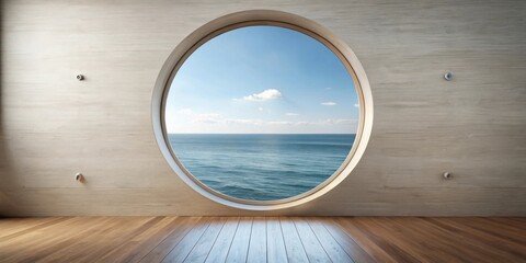 Ocean View Through a Large Round Window in a Modern Room with Light Wood Walls and Floors