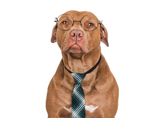 Cute dog, glasses and stylish tie. Studio shot